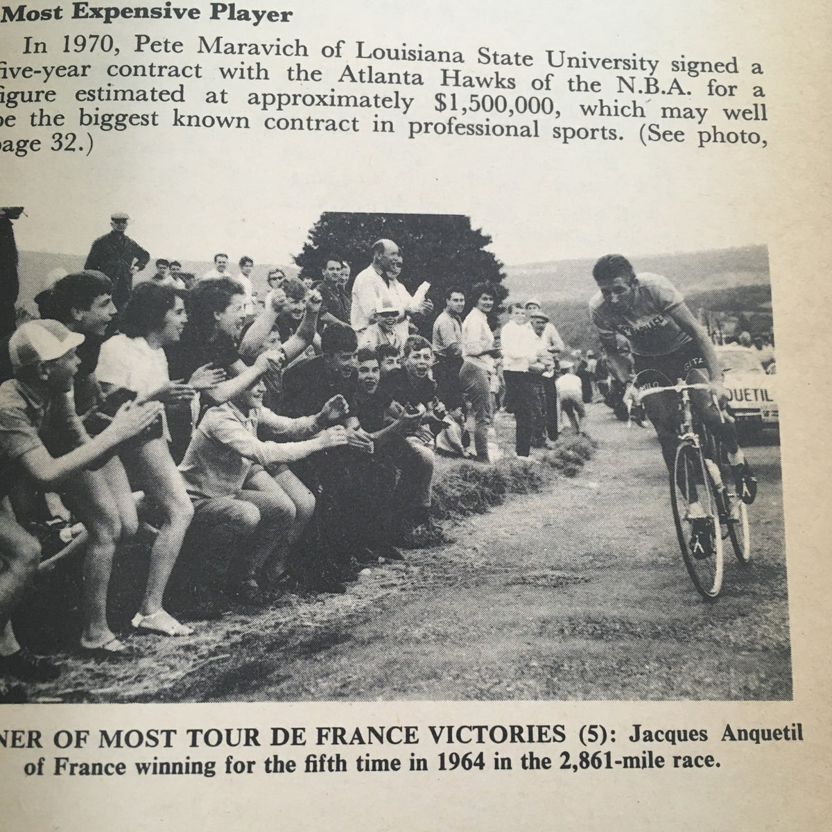 Photo of Jacques Anquetil during the Tour de France, noted as the most successful rider, from the Guinness Sports Record Book 1972 by Norris and Ross McWhirter.