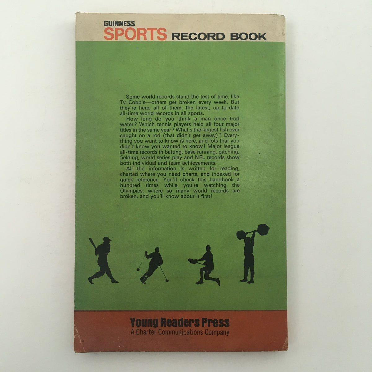 Back cover of the Guinness Sports Record Book 1972 featuring a simple green design and informative text by Norris and Ross McWhirter.