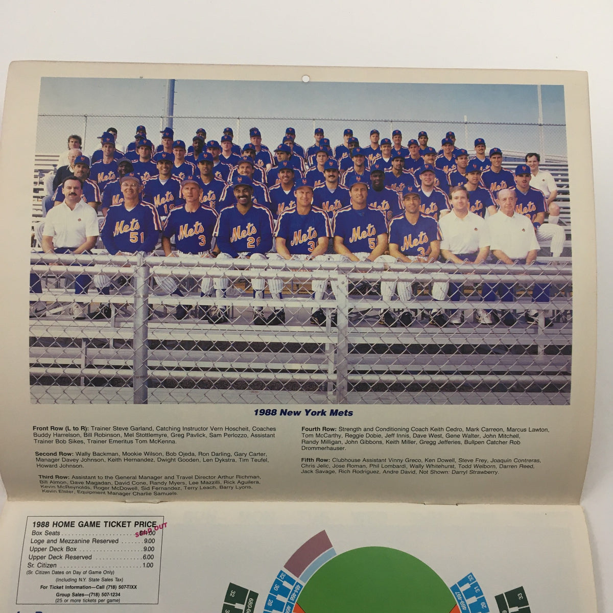 Inside view of the 1988 New York Mets Calendar displaying the team photo of the New York Mets players and coaching staff, along with game ticket information.