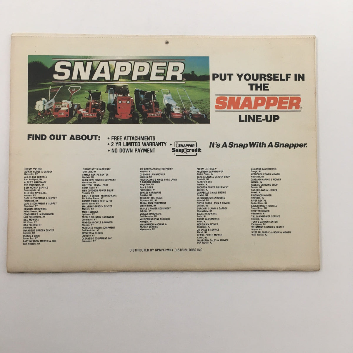 Back cover of the 1988 New York Mets Calendar displaying Snapper lawn equipment advertisement with dealer information and warranty details.