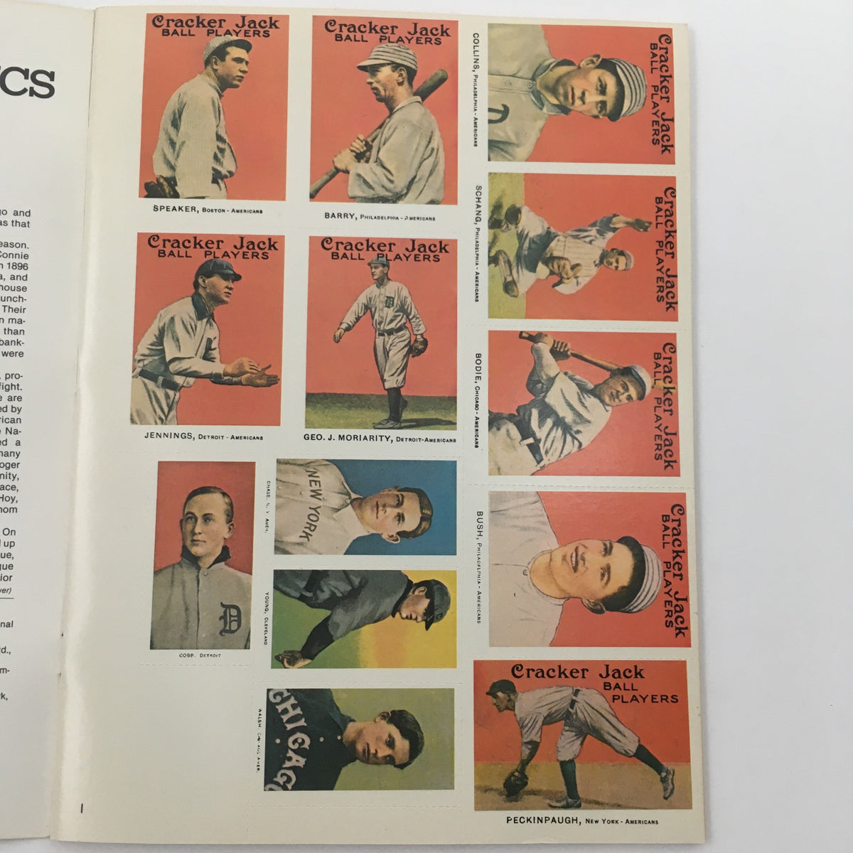 Inside page of the American League Baseball Card Classic Collection 1982 Featuring Allie Reynolds, displaying Cracker Jack baseball cards with players such as Speaker and Barry.