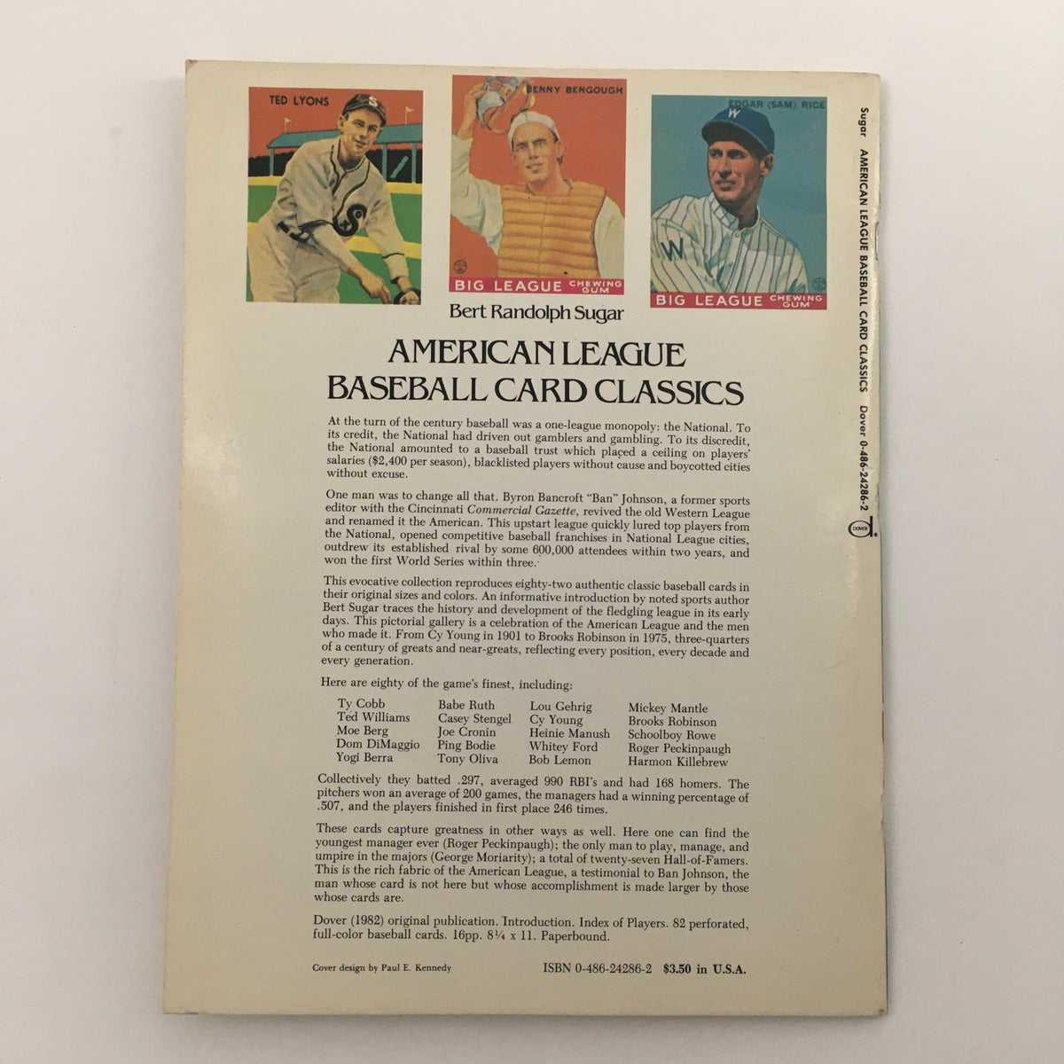 Back cover of American League Baseball Card Classic Collection 1982 Featuring Allie Reynolds, featuring historical baseball figures and a summary of baseball history.
