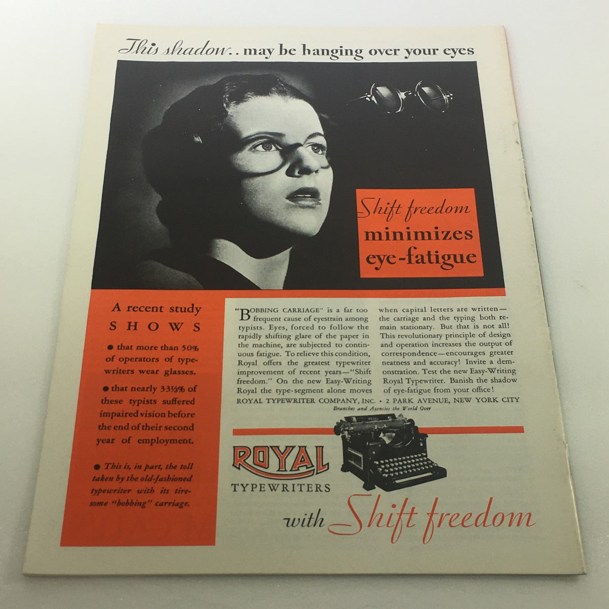 Vintage advertisement for Royal Typewriters featuring a woman with glasses, emphasizing 'Shift freedom minimizes eye-fatigue' in the context of typing. VTG NewsWeek Magazine: February 17, 1933 - Franklin D. Roosevelt / Adolf Hitler.