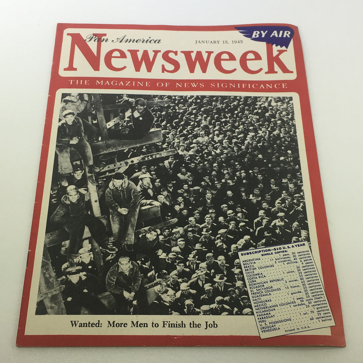 Vintage Newsweek Magazine cover from January 15, 1945, featuring the headline 'More Men To Finish Job / By Air', showcasing historical imagery related to World War II.