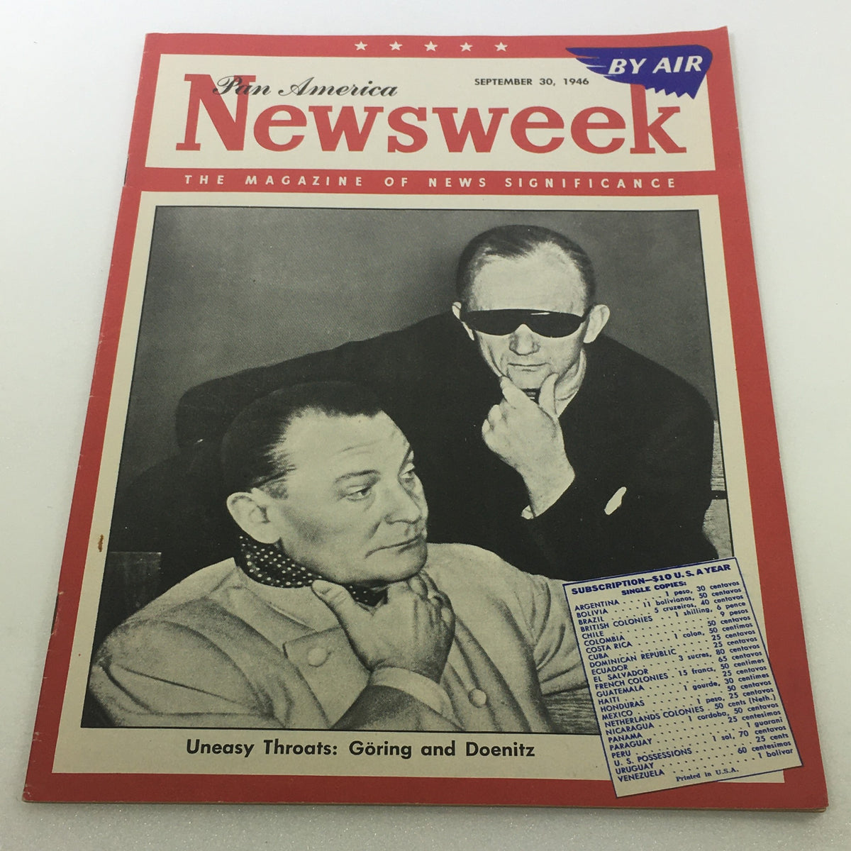 Cover of Newsweek Magazine, September 30, 1946, featuring Hermann Göring and Karl Dönitz, with a focus on air travel
