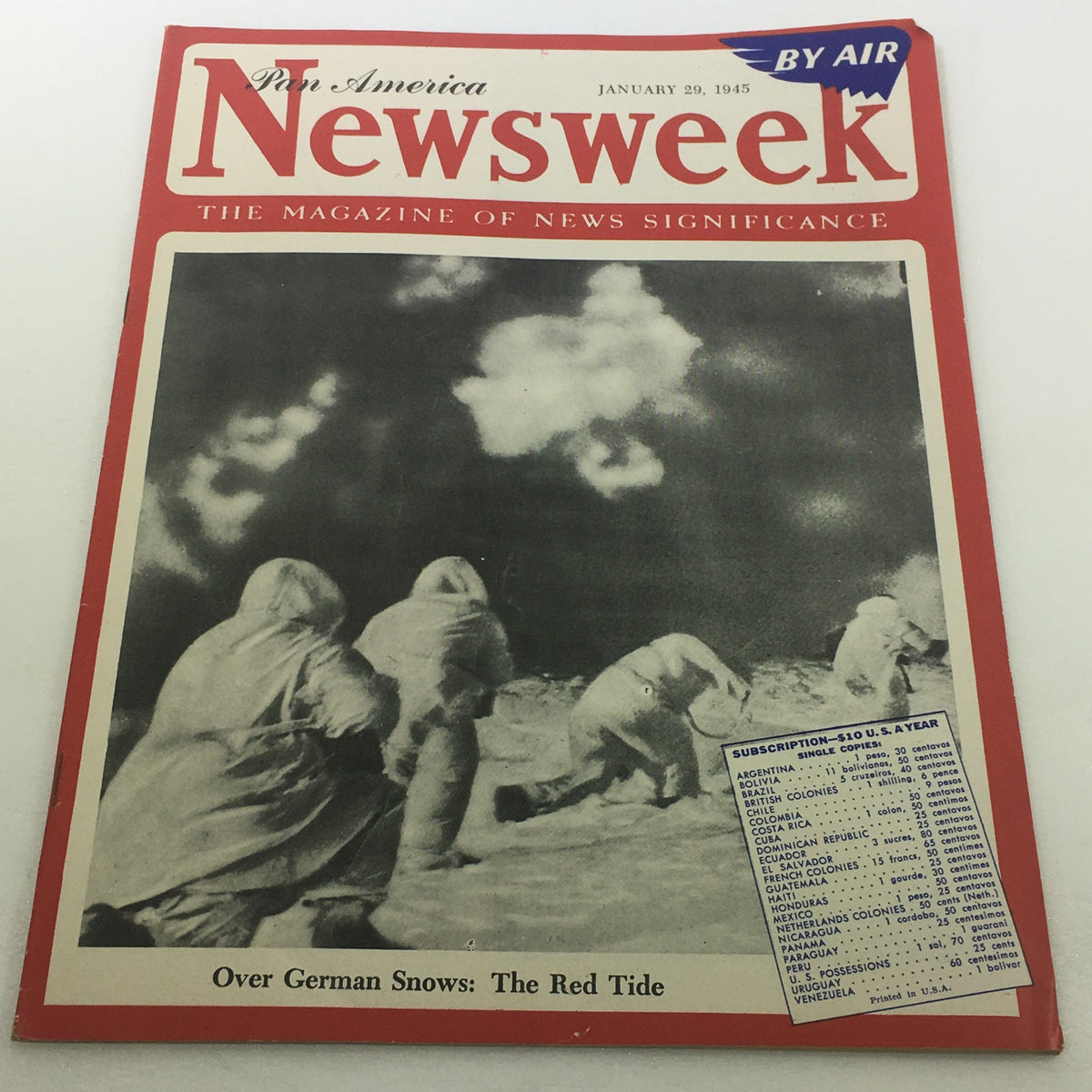 VTG Newsweek Magazine, January 29, 1945, featuring the cover story 'The Red Tide / By Air' with an image depicting soldiers in snowy terrain, illustrating World War II themes.