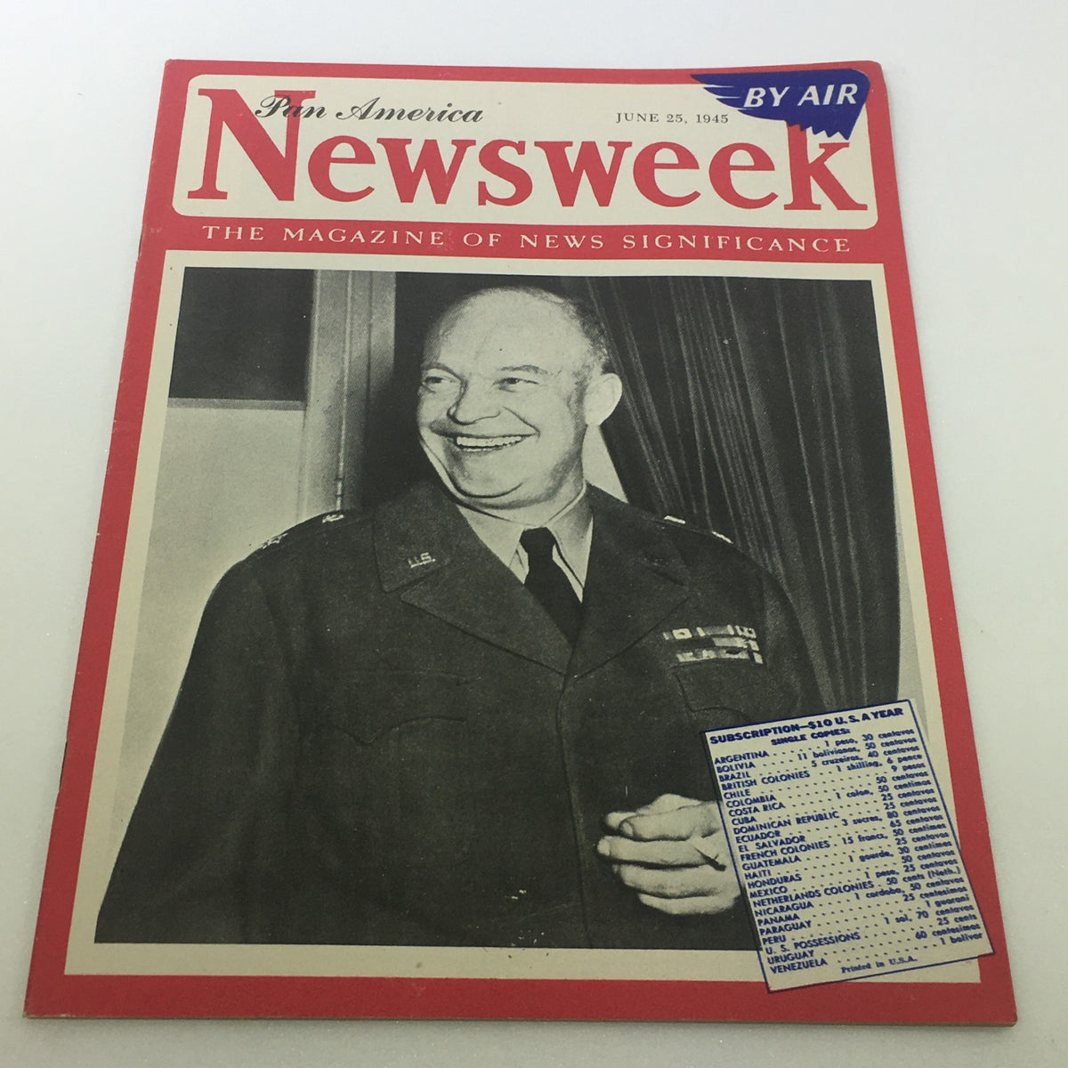 VTG Newsweek Magazine June 25 1945 cover featuring Dwight D. Eisenhower, showcasing the theme 'Pan America / By Air' with vibrant red accents.