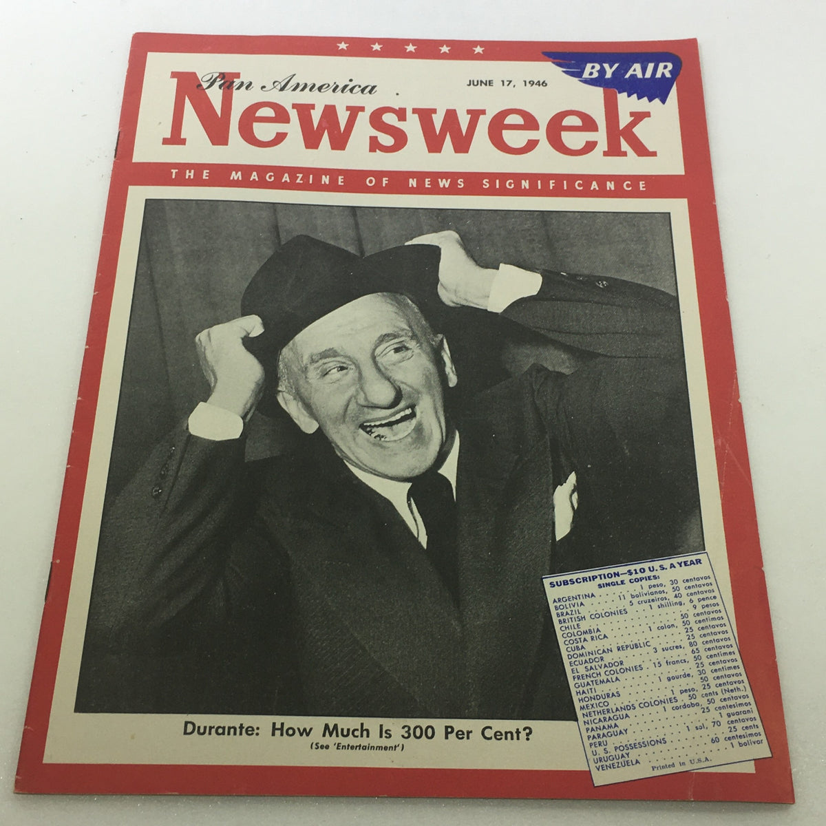 VTG Newsweek Magazine June 17 1946 featuring cover image of Jimmy Durante with a playful expression, highlighting the topic 'Pan America By Air'. A nostalgic depiction from the post-war era.