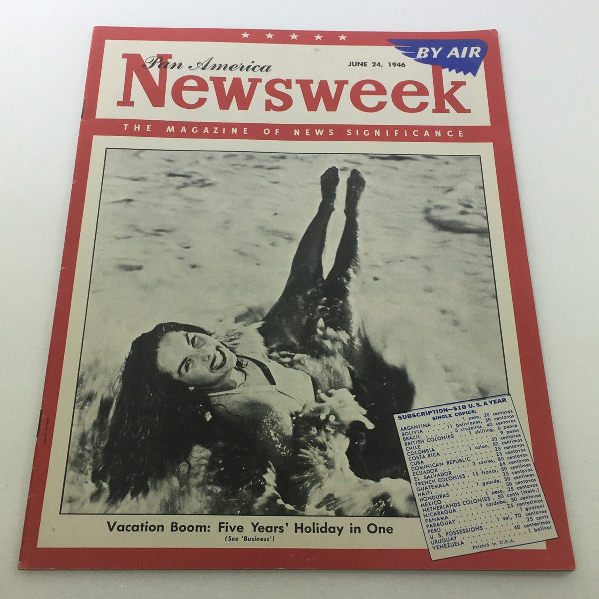 Cover of Newsweek Magazine, June 24, 1946, featuring 'Vacation Boom,' Pan America, and 'By Air,' no label