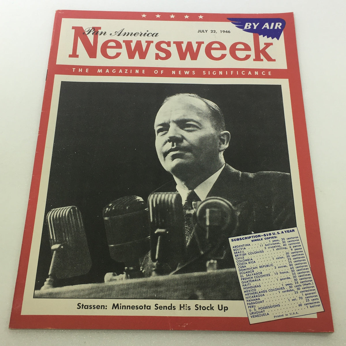 Vintage Newsweek Magazine July 22 1946 featuring Harold Stassen on the cover, highlighting air travel in America with classic mid-20th century design and advertising.