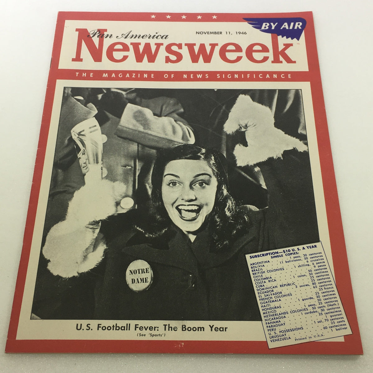 Vintage Newsweek magazine cover from November 11, 1946, featuring 'U.S. Football Fever: The Boom Year' with a smiling woman holding a cheerleading glove, reflecting the excitement of American football culture.