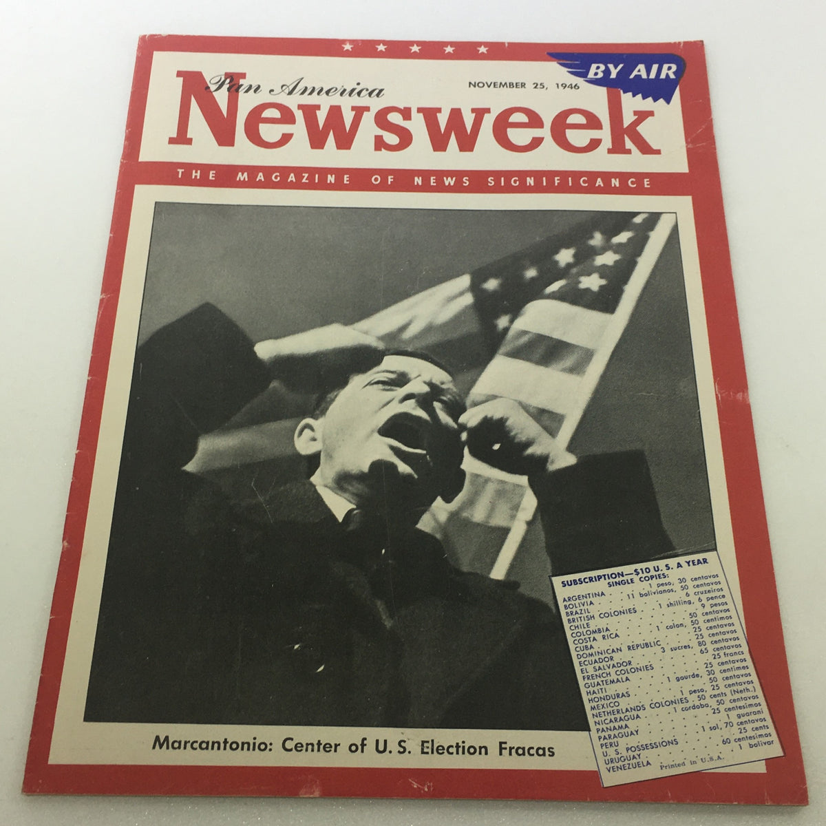 Cover of Newsweek Magazine, November 25, 1946, featuring Marcantonio, Pan America, and 'By Air