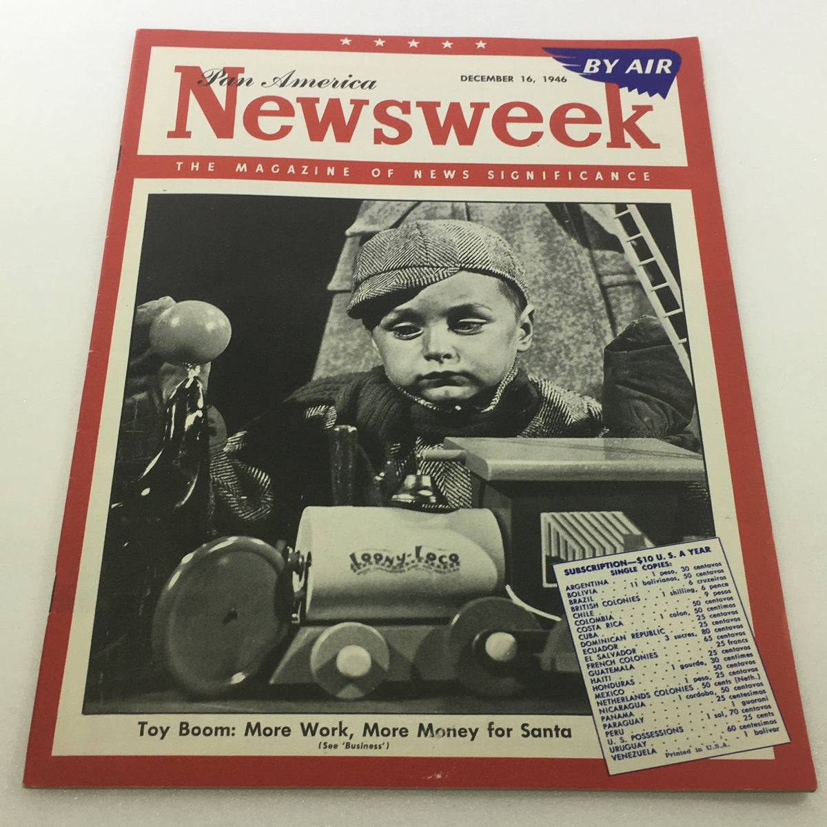 Cover of VTG Newsweek Magazine from December 16, 1946 featuring a child with a toy train, highlighting the Toy Boom and advancements in air travel, labeled 'By Air'.