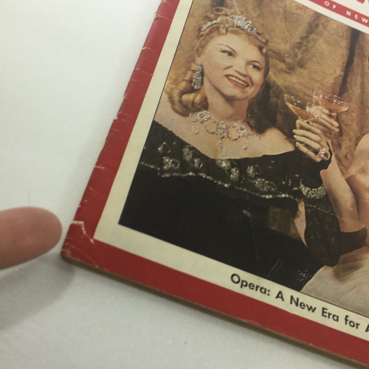 Close-up of the cover of VTG Newsweek Magazine February 24, 1947, highlighting the title 'Opera: A New Era For Americans' with one woman holding a champagne glass.