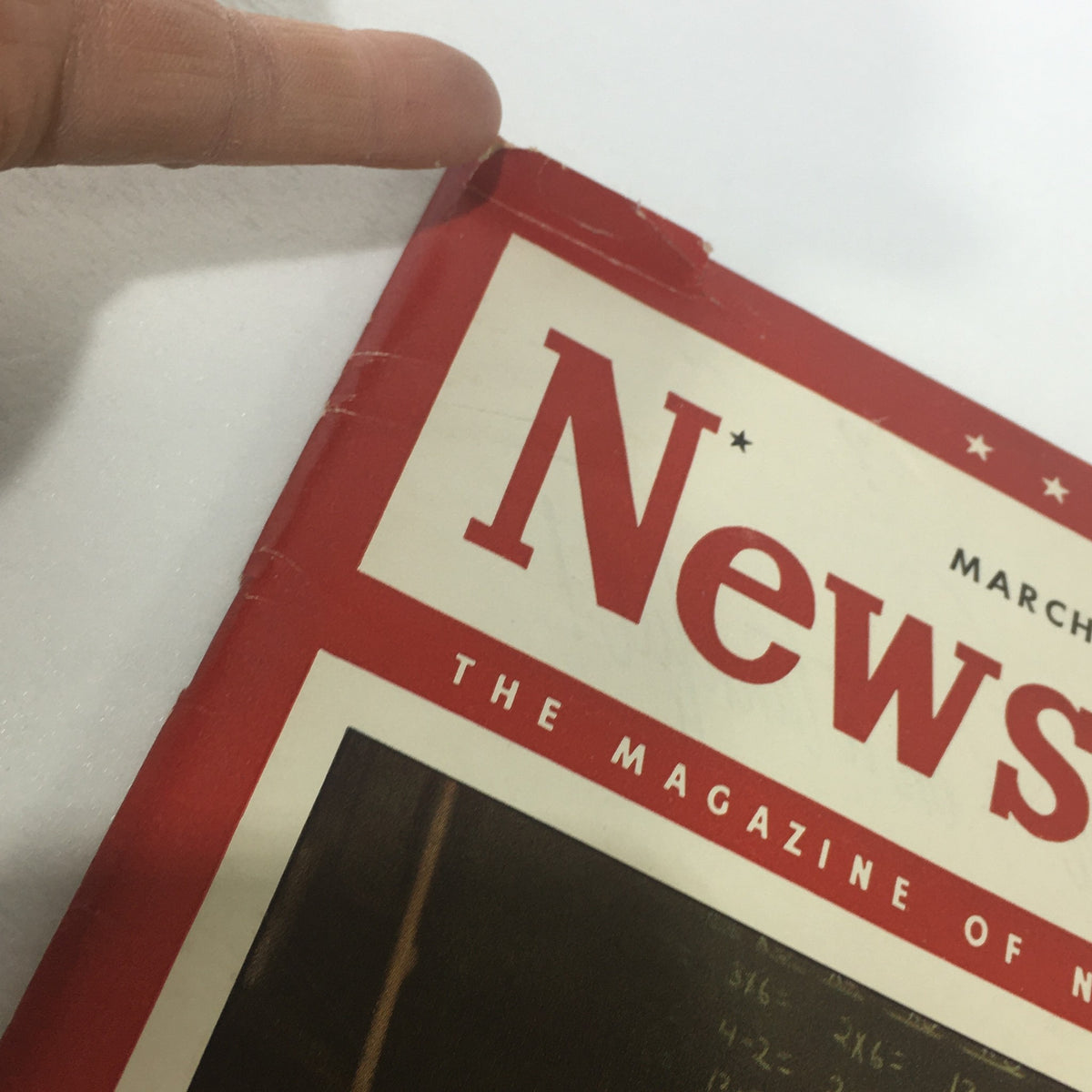 Close-up of the cover of VTG Newsweek Magazine March 17 1947, showing the magazine title and date with visible wear marks.