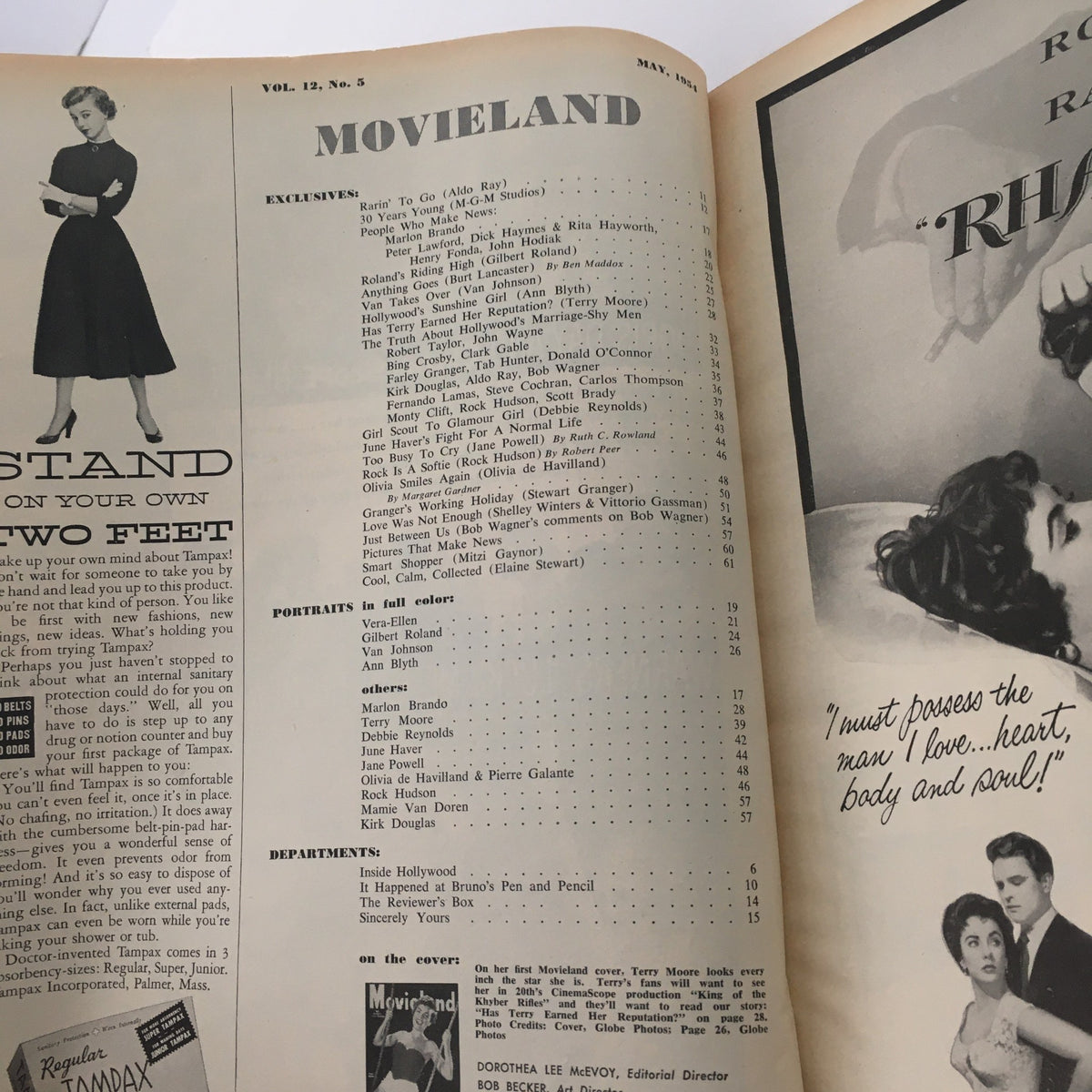 Table of contents from VTG Movieland May 1954 Volume 12 Issue 3, listing articles and photographs featuring classic Hollywood stars.