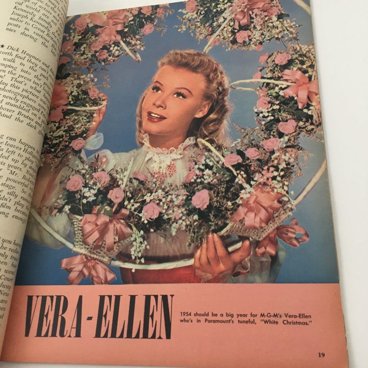 Interior page from VTG Movieland May 1954 magazine showcasing an article about Vera-Ellen, highlighting her upcoming popularity in the film 'White Christmas' with a vibrant floral design.