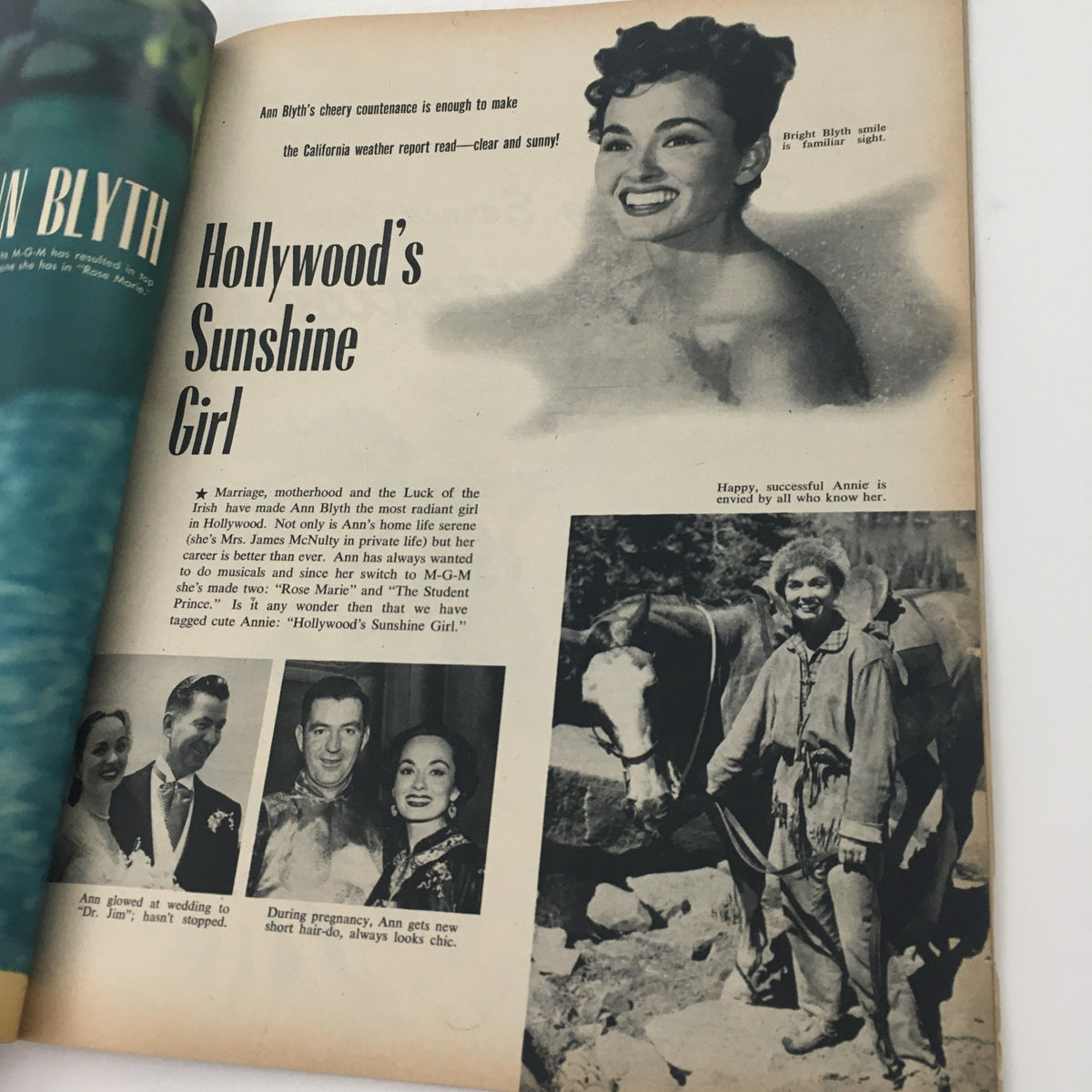 Interior page from VTG Movieland May 1954 magazine featuring Ann Blyth, labeled as 'Hollywood's Sunshine Girl', with images and text about her career and personal life in Hollywood.