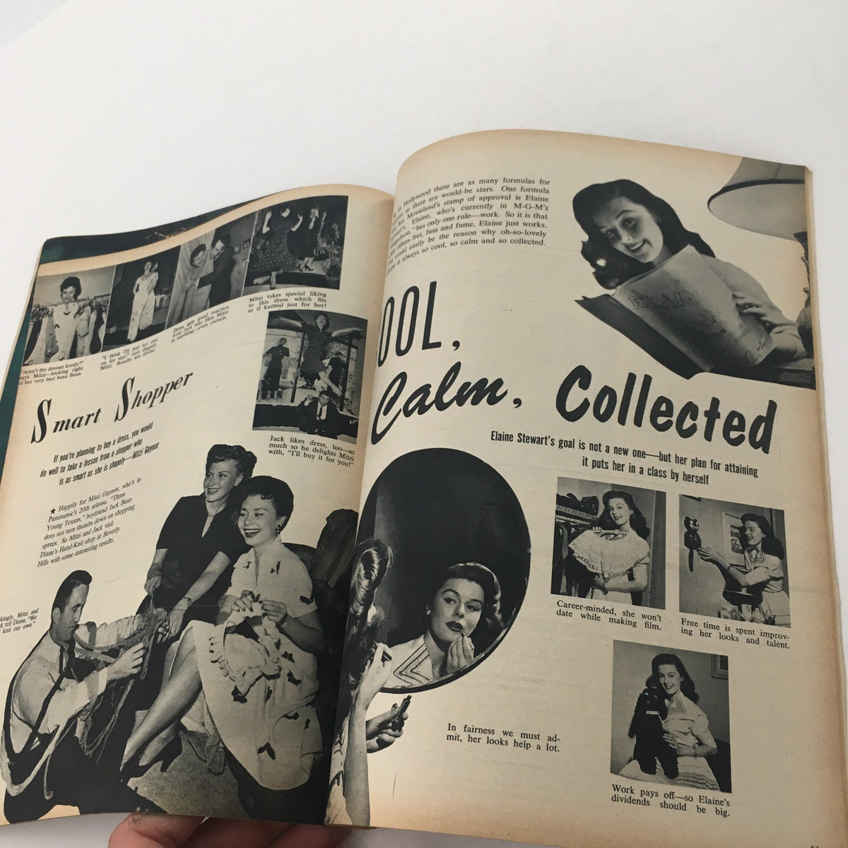Interior page from VTG Movieland May 1954 magazine focusing on Elaine Stewart, titled 'Cool, Calm, Collected', showcasing her fashion and lifestyle as a Hollywood actress.