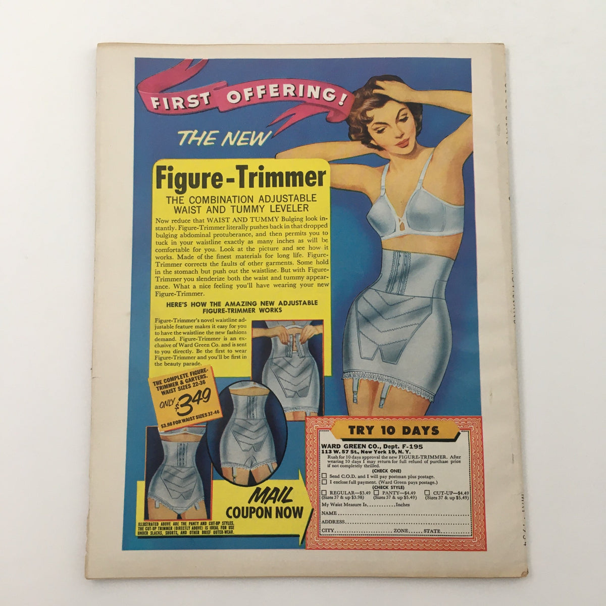 Vintage advertisement for the 'Figure-Trimmer', an adjustable waist and tummy leveler from the 1950s, showcasing a woman modeling the product. This image complements the historic context of VTG Movieland May 1954, Volume 12, Issue 3.