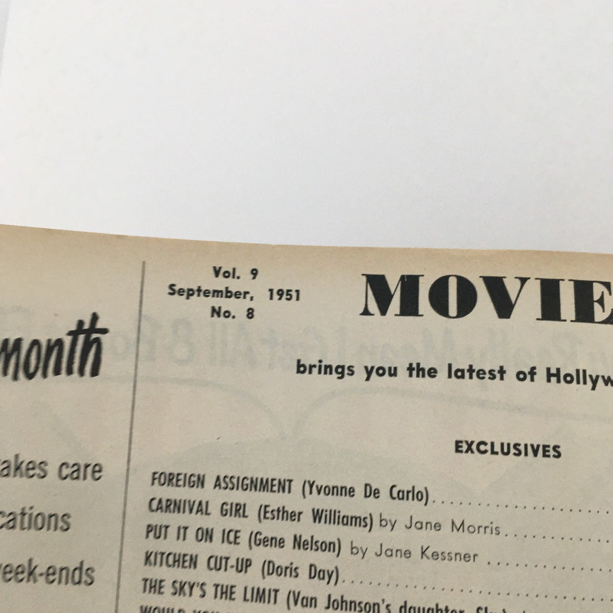 Detailed view of the table of contents from VTG Movieland September 1951 Vol 9 #8, displaying exclusives and articles.