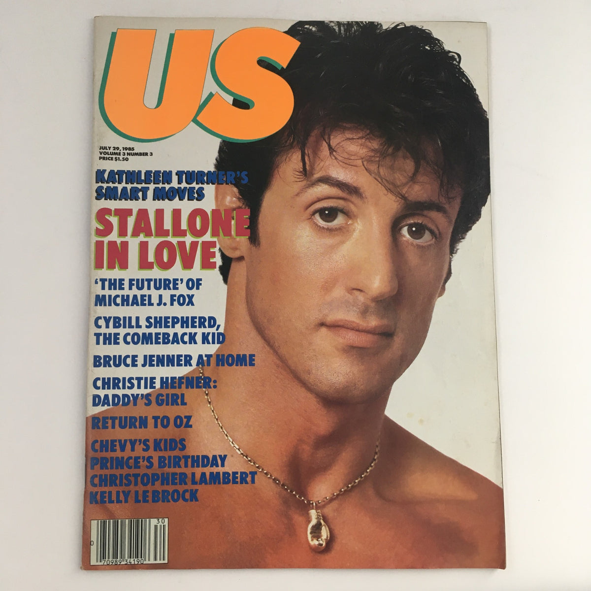 US Magazine Vol 3 #3, dated July 29, 1985, featuring Sylvester Stallone on the cover. The magazine highlights Kathleen Turner's smart moves and includes stories on various celebrities of the era, embodying the pop culture of the 1980s.