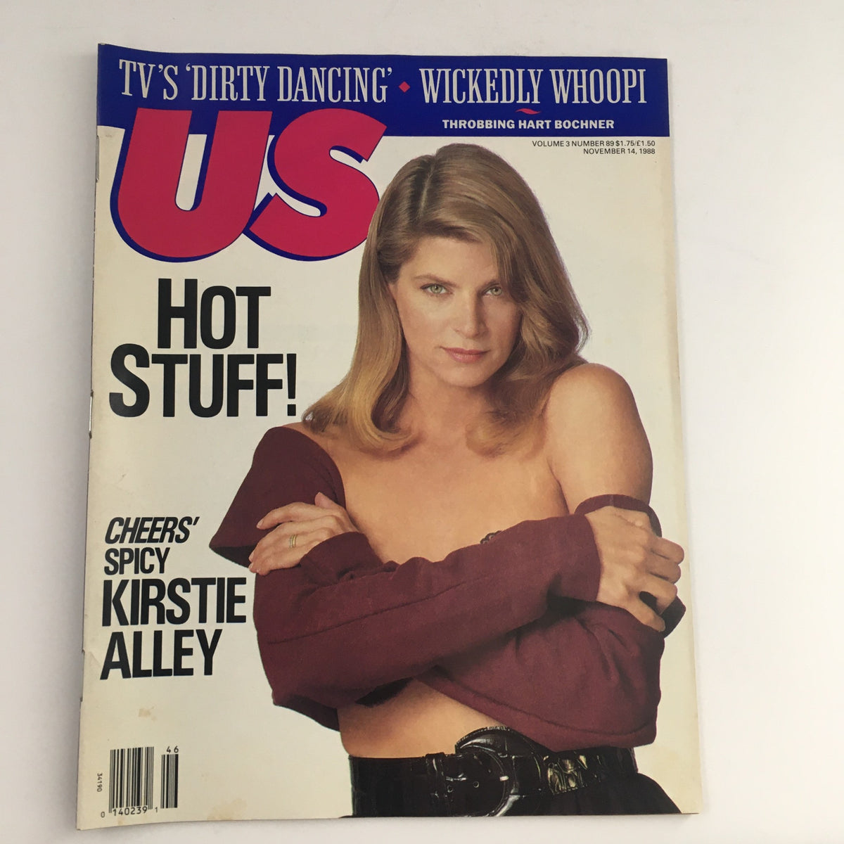 Cover of US Magazine Vol 3 #89 from November 14, 1988 featuring Kirstie Alley from Cheers, showcasing her captivating presence with the headline 'Hot Stuff!'. This vintage magazine cover reflects the entertainment trends of the late 80s.