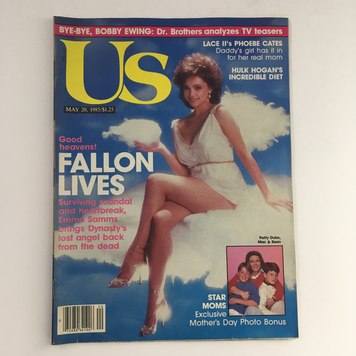 Cover of US Magazine May 20 1985 featuring Emma Samms in a white outfit, with the headline 'FALLON LIVES' and also showcasing Patty Duke, Mac & Sean.