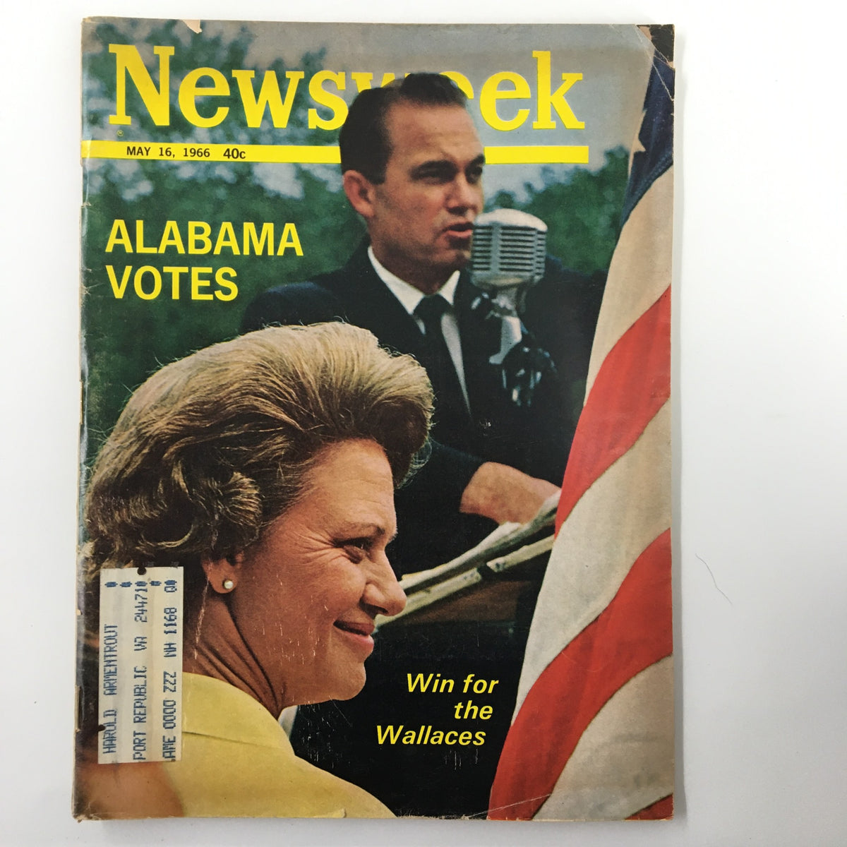 Cover of VTG Newsweek Magazine from May 16, 1966, titled 'Alabama Votes - Win for the Wallaces', featuring a woman and a man speaking at a microphone, reflecting historical political events.