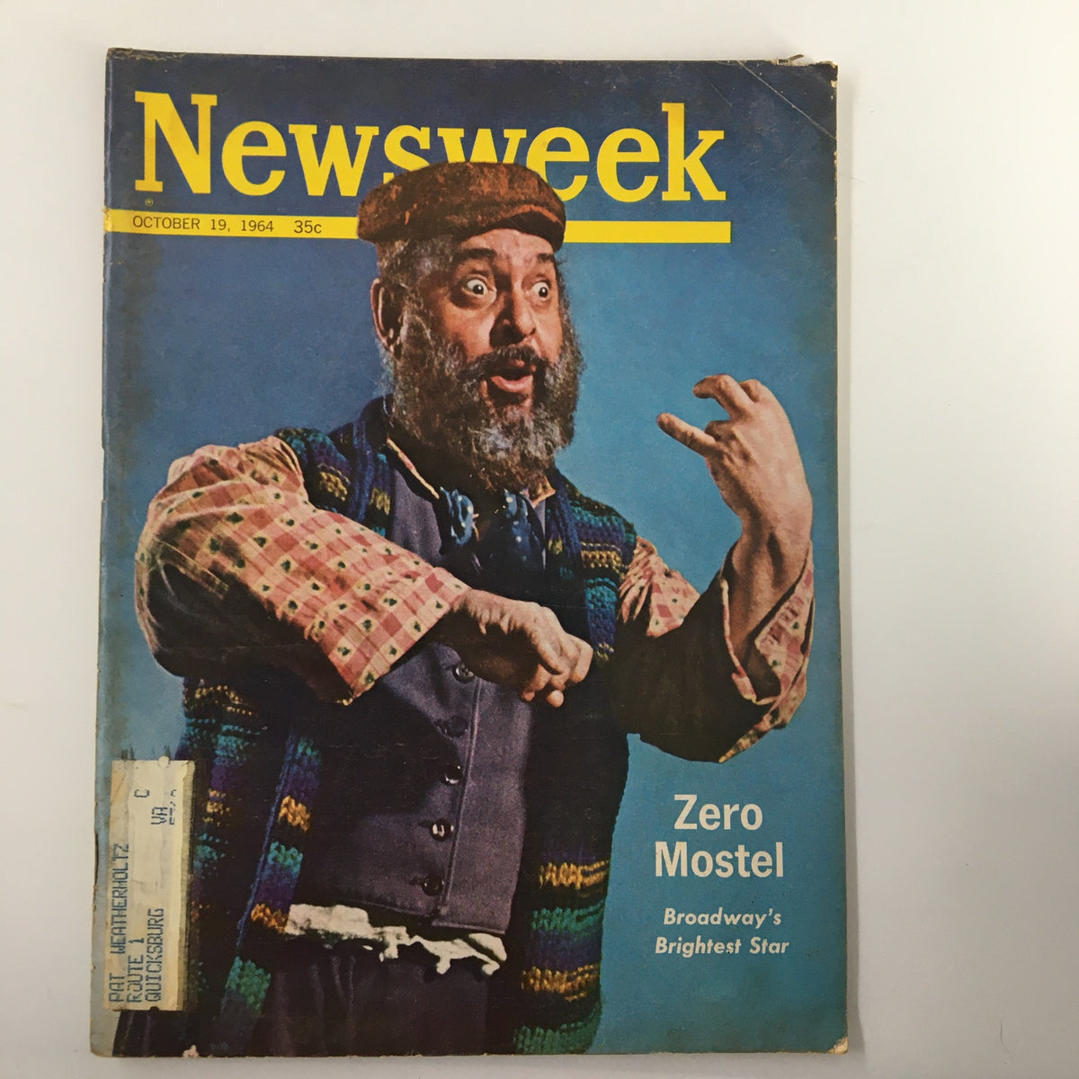 Cover of VTG Newsweek Magazine October 19, 1964 featuring Zero Mostel, Broadway's Brightest Star, displaying vibrant colors and showcasing his expressive performance.