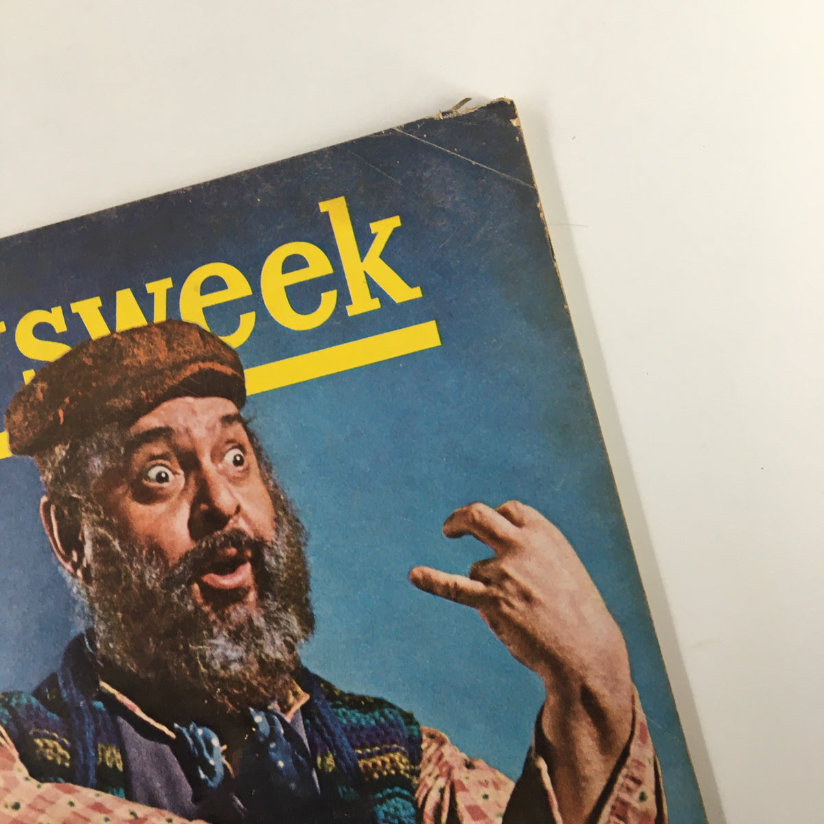 VTG Newsweek Magazine from October 19, 1964 featuring Zero Mostel, an iconic Broadway star, with vibrant cover art and notable wear, ideal for collectors of vintage theater memorabilia.