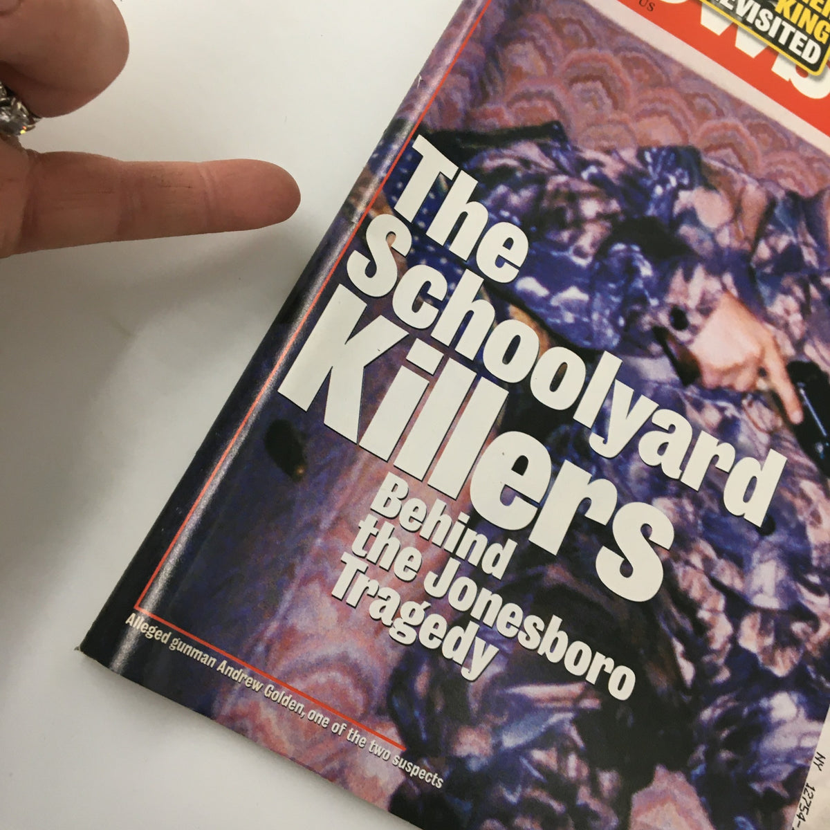 Close-up view of the cover of Newsweek Magazine, April 6, 1998, highlighting the title 'The Schoolyard Killers: Behind the Jonesboro Tragedy' and an image of the alleged gunman.