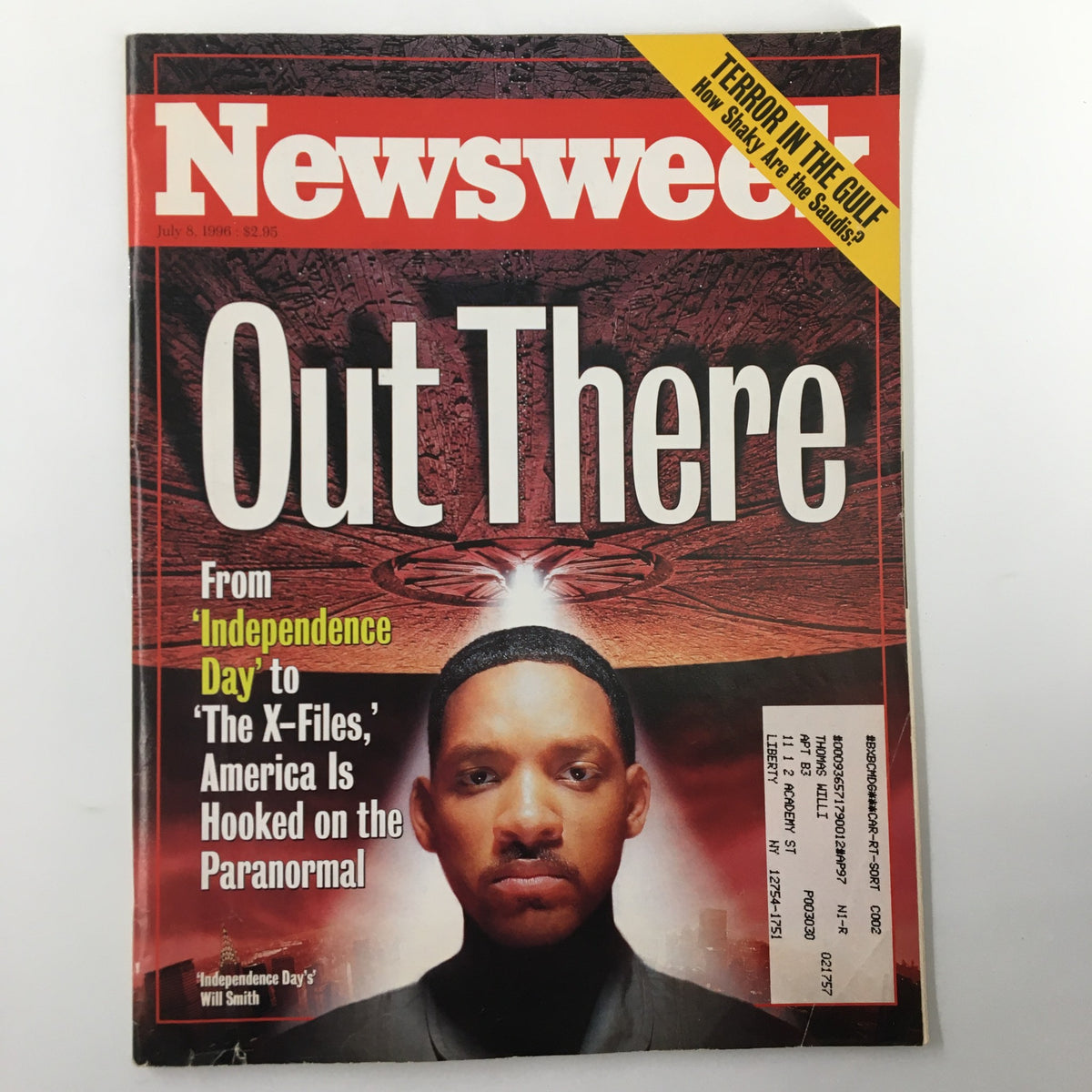 Newsweek Magazine cover from July 8, 1996, featuring Will Smith from 'Independence Day' with the headline 'Out There' and additional text relating to America's interest in the paranormal.