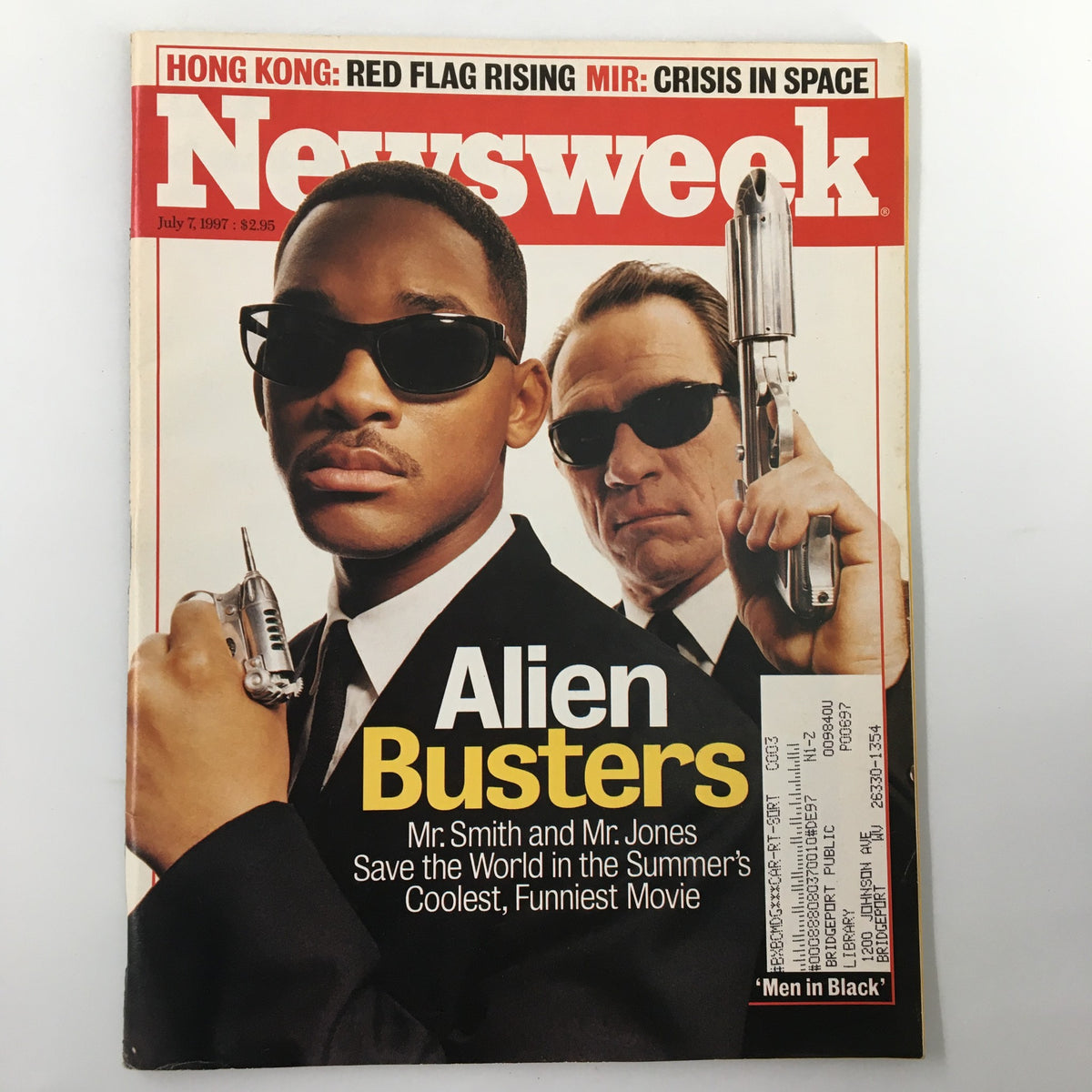 Newsweek Magazine July 7 1997 featuring Will Smith and Tommy Lee Jones as Alien Busters from the movie Men in Black, showcasing their iconic black suits and sunglasses on the cover.
