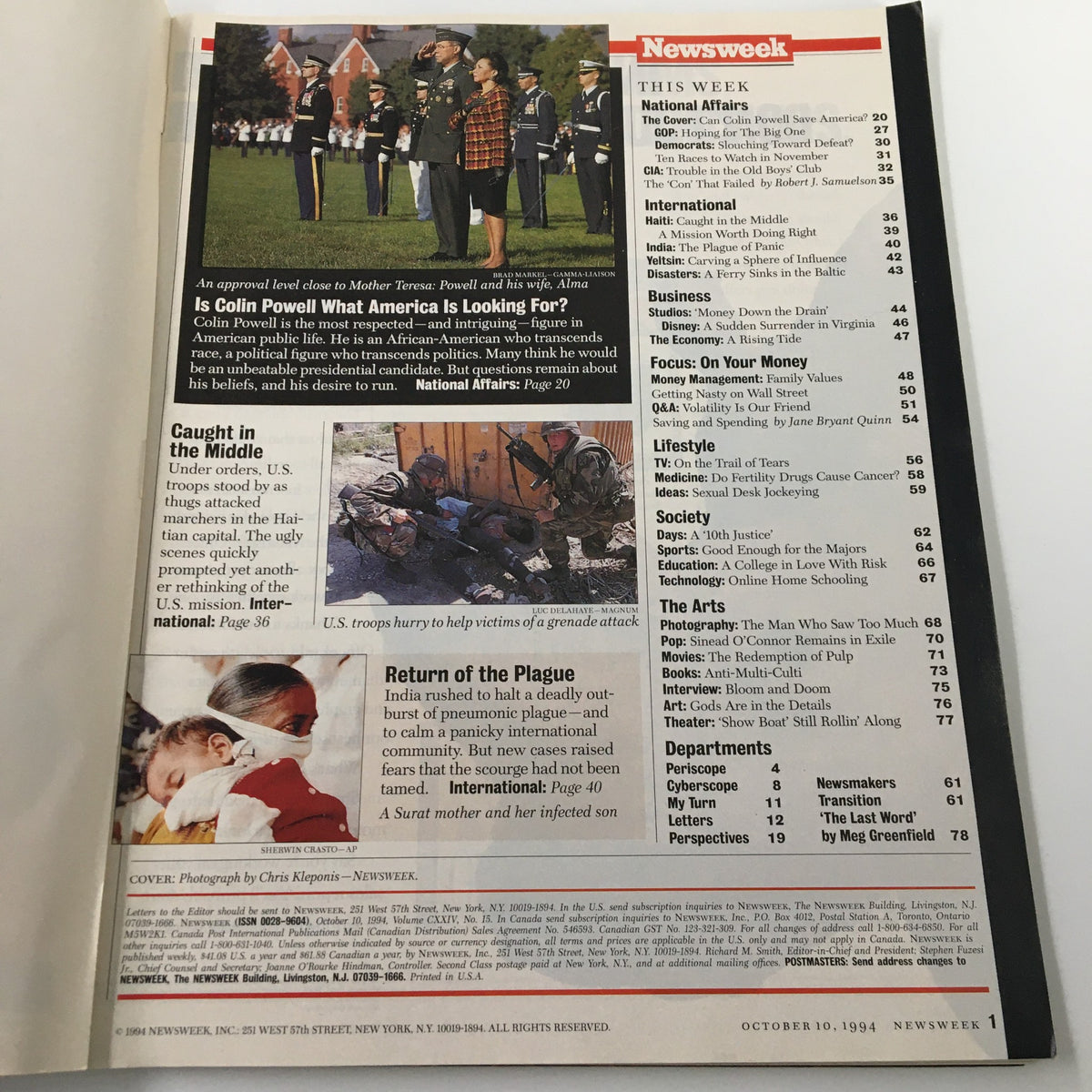 Newsweek Magazine October 10 1994 inside page detailing articles including a feature on Colin Powell and ongoing international issues, along with the magazine's table of contents.