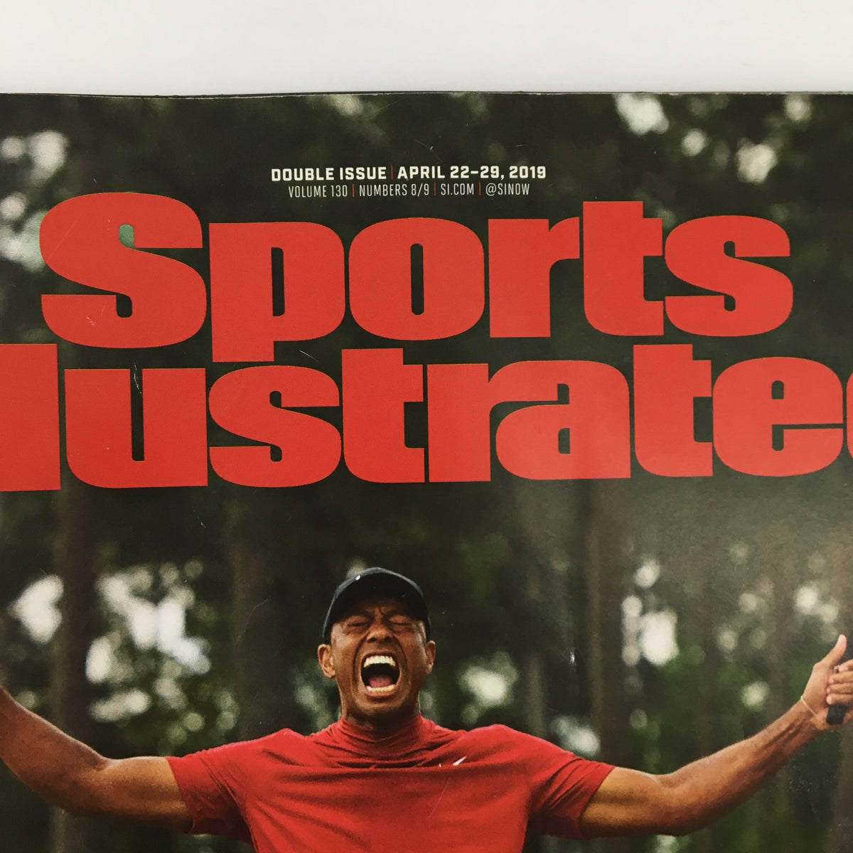 Detail view of the title Sports Illustrated on the cover of the April 22-29 2019 double issue featuring Tiger Woods.