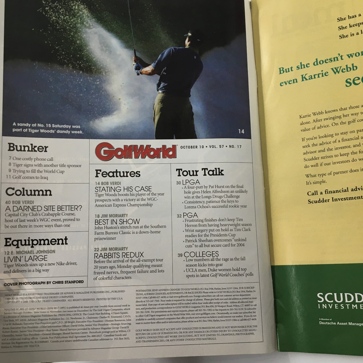Interior page of Golf World Magazine from October 10, 2003, displaying content including a profile on Tiger Woods, highlighting his impact on golf.
