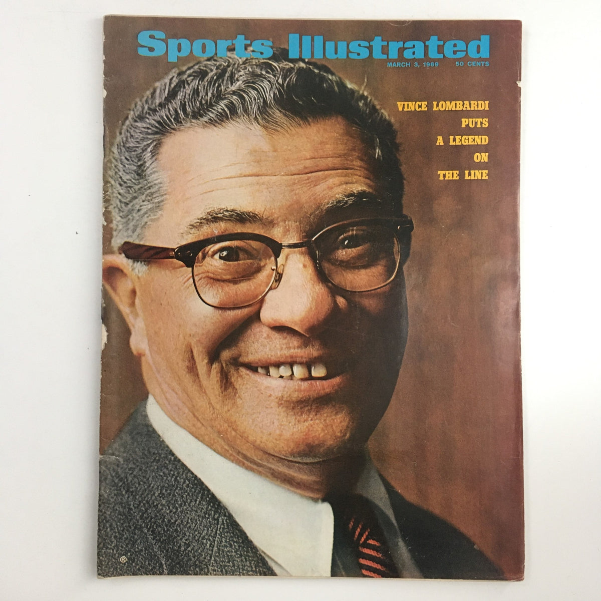 Cover of Sports Illustrated Magazine March 3 1969 featuring Vince Lombardi, showcasing his iconic smile and glasses, celebrating the legendary football coach.