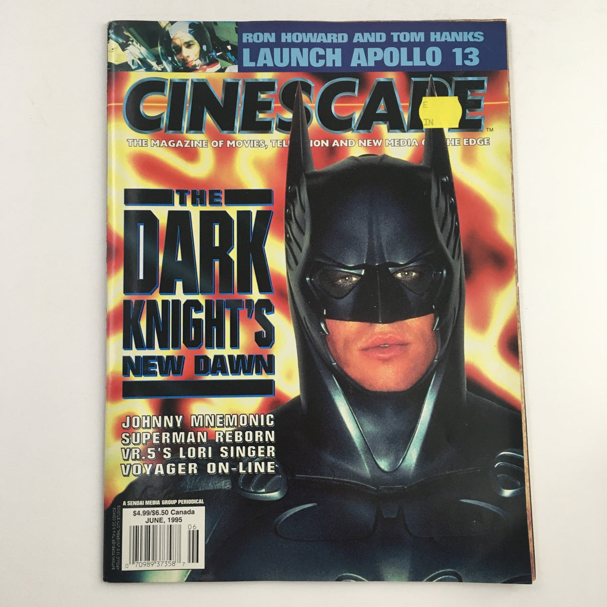 Cinescape Magazine June 1995 cover featuring a dramatic image of Batman, highlighting key articles on movies like Johnny Mnemonic, Superman Reborn, and more.