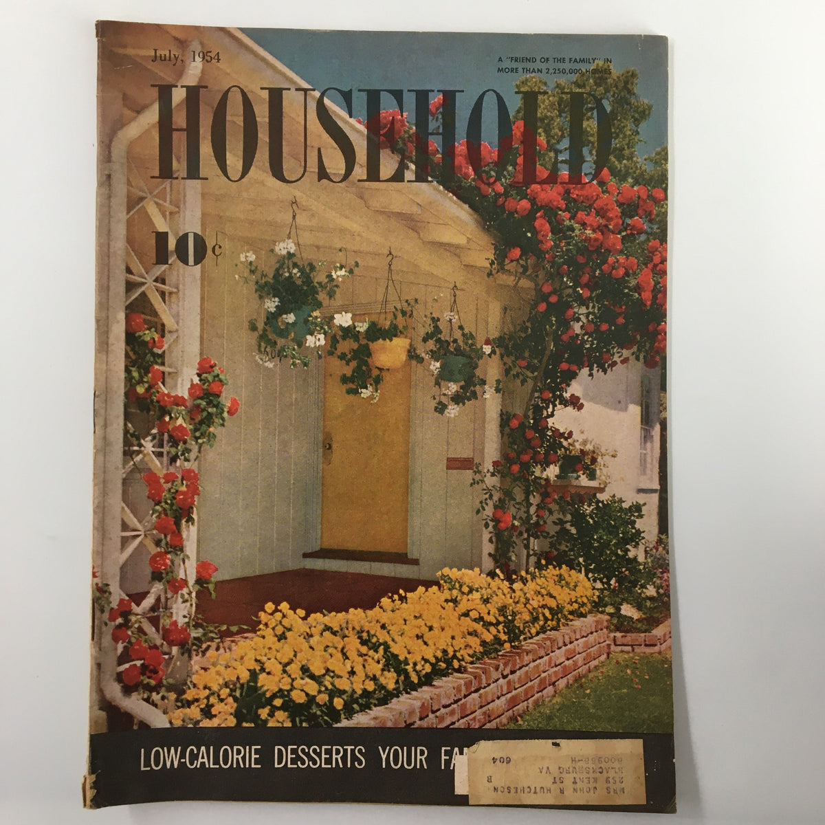 Cover of VTG Household Magazine July 1954, featuring a beautiful garden with colorful flowers and a charming entrance.