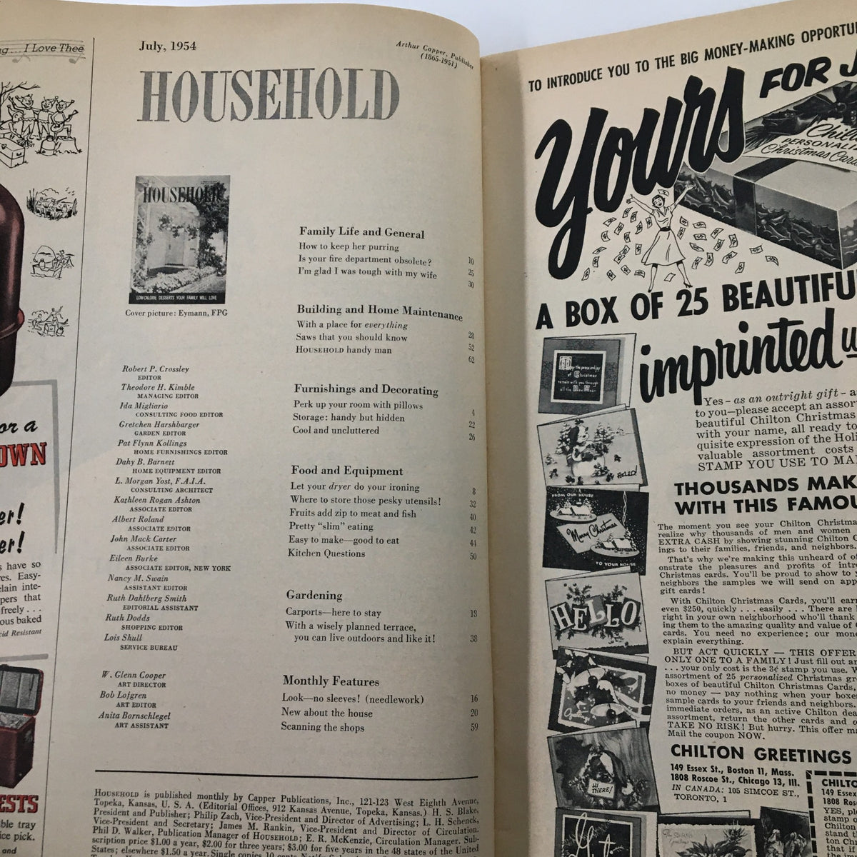 Inside page of VTG Household Magazine July 1954 showing the table of contents with sections on food, home maintenance, and gardening.