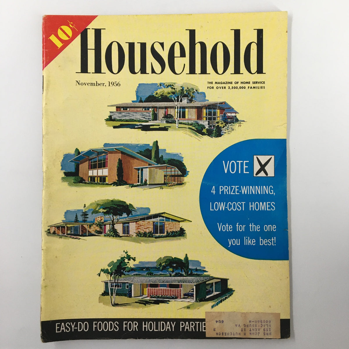 Cover of the November 1956 issue of Household Magazine featuring the title 'They Built a Mr. and Mrs. Kitchen' alongside illustrations of mid-century modern homes.