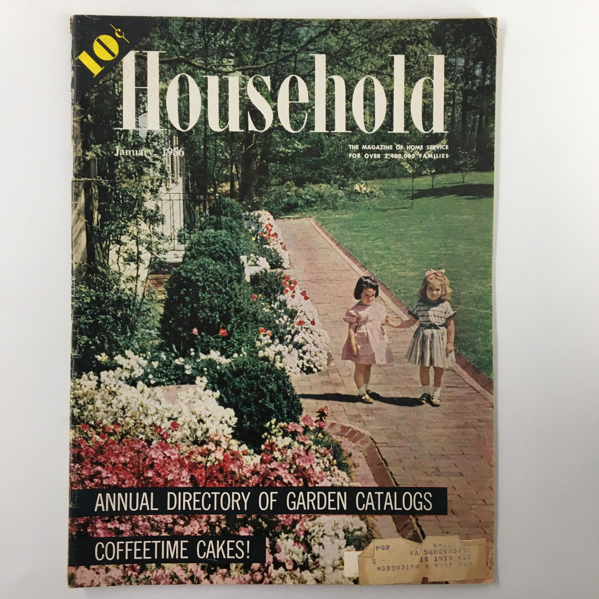 Cover of VTG Household Magazine January 1956 featuring two girls walking on a pathway surrounded by flowers, highlighting gardening and domestic life themes.