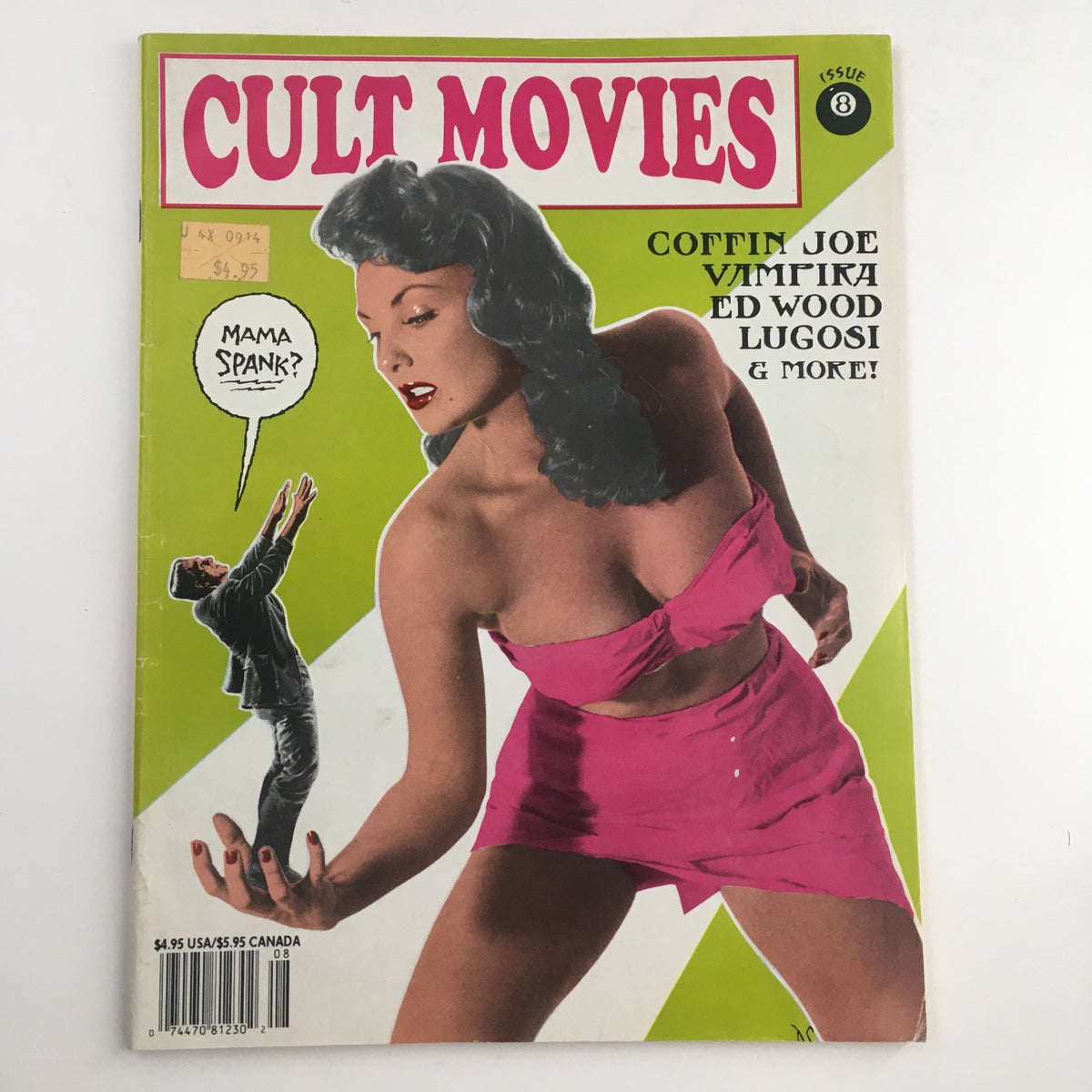 Cult Movies Magazine Issue 8 cover featuring a vintage illustration of a woman in a pink outfit and Coffin Joe in the foreground, highlighting iconic figures like Vampira, Ed Wood, and Lugosi.