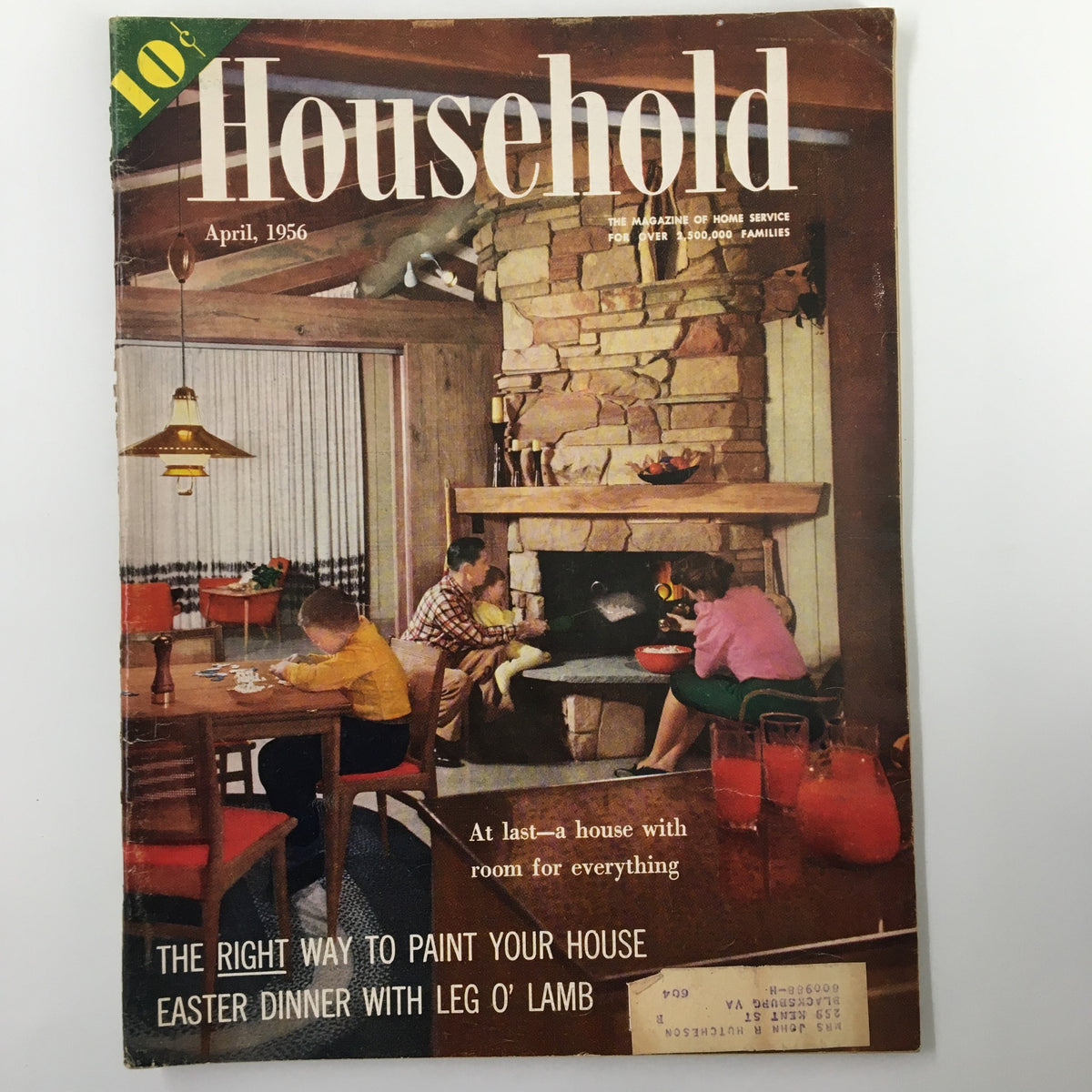 VTG Household Magazine April 1956 cover featuring a cozy family scene with children at a table, a man by the fireplace, and a title emphasizing tips on painting your house.