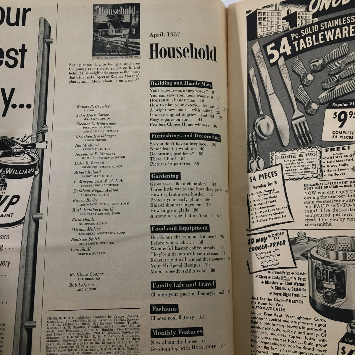 Interior page of VTG Household Magazine April 1957 listing articles, including gardening and home decor tips, reflecting mid-century design.