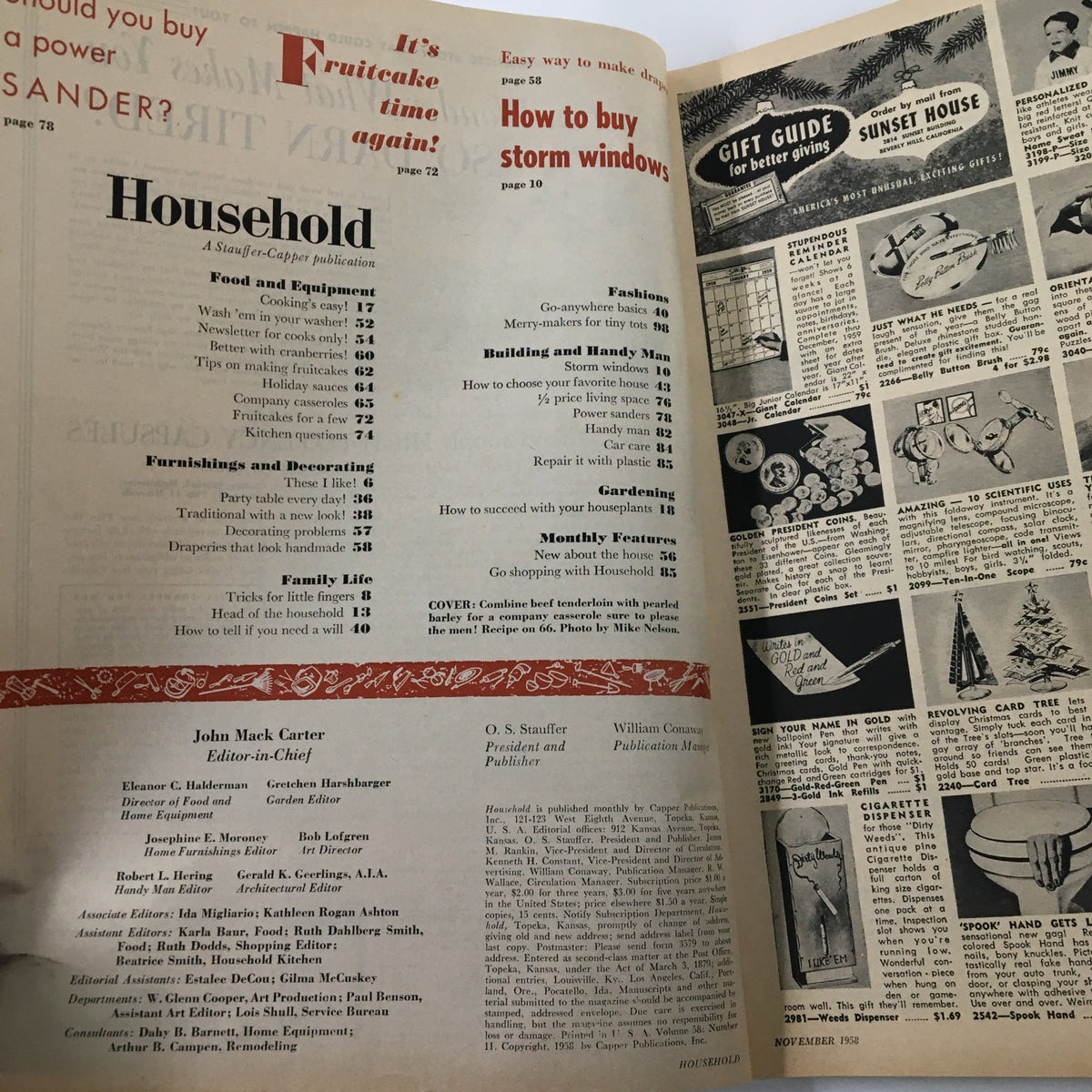 Interior page of VTG Household Magazine November 1958, showcasing gardening articles and a contents list highlighting tips for houseplant success.