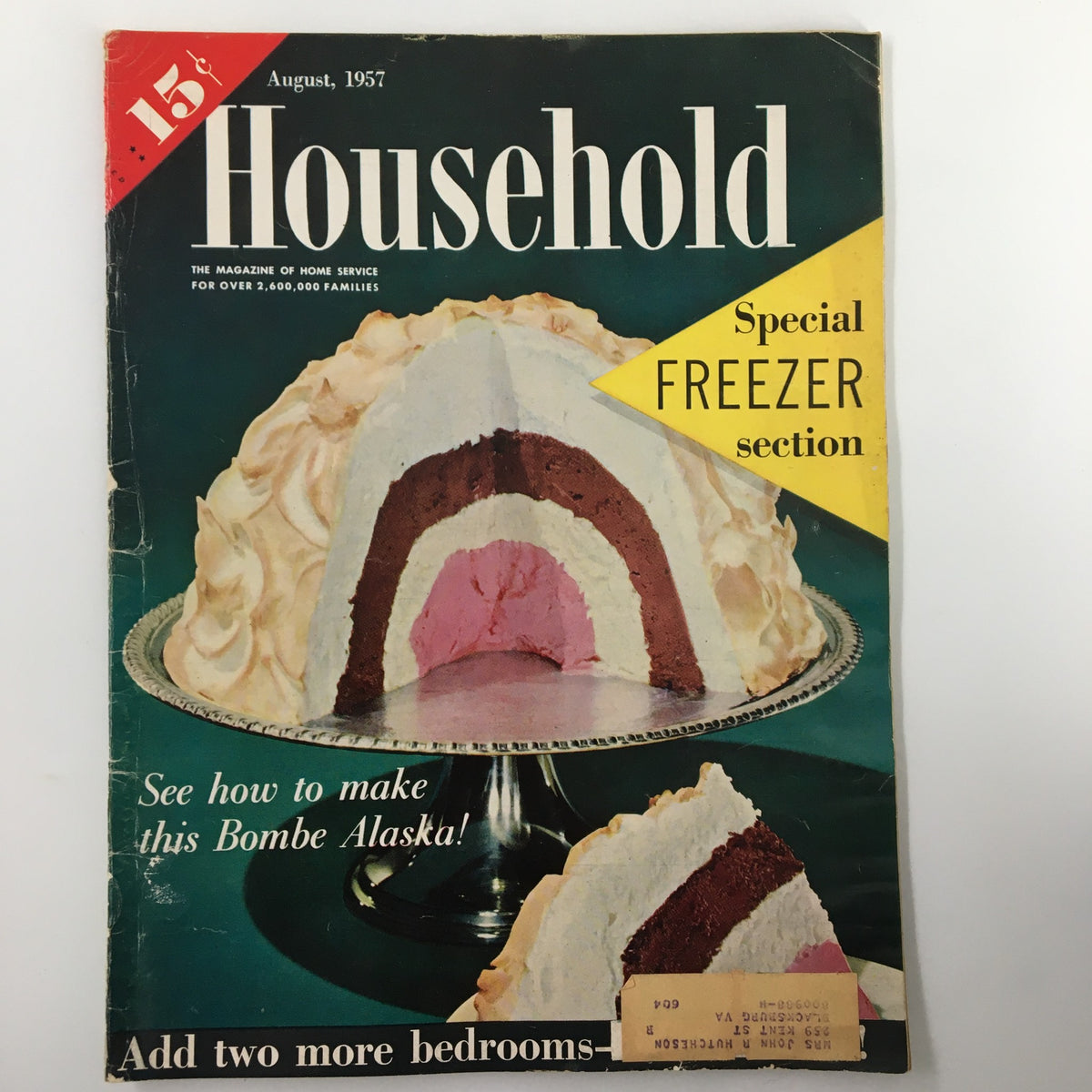 Cover of VTG Household Magazine August 1957 featuring a Bombe Alaska dessert, highlighting special freezer section and DIY crafting.