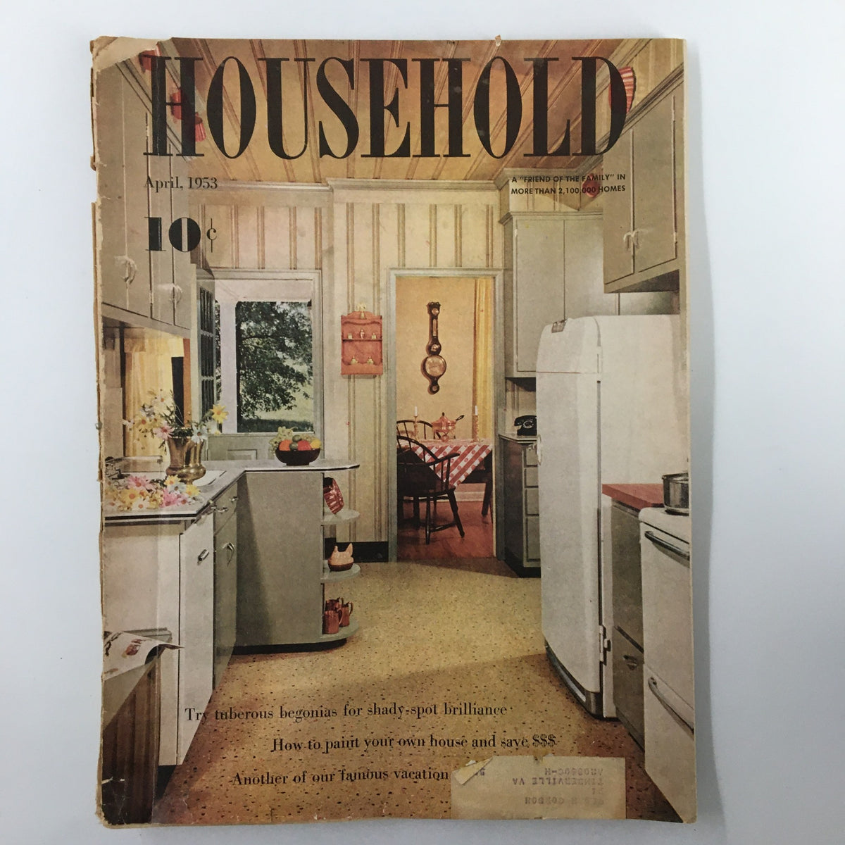 Cover of VTG Household Magazine April 1953 featuring a vintage kitchen layout, emphasizing 'Try Tuberous Begonias for Shady-spot Brilliance'.