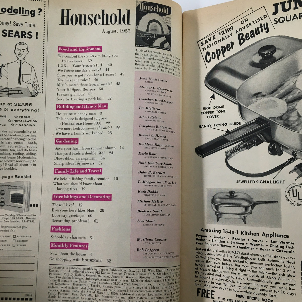 Table of contents from the VTG Household Magazine August 1957 showcasing articles on gardening, family life, home improvement, and more.